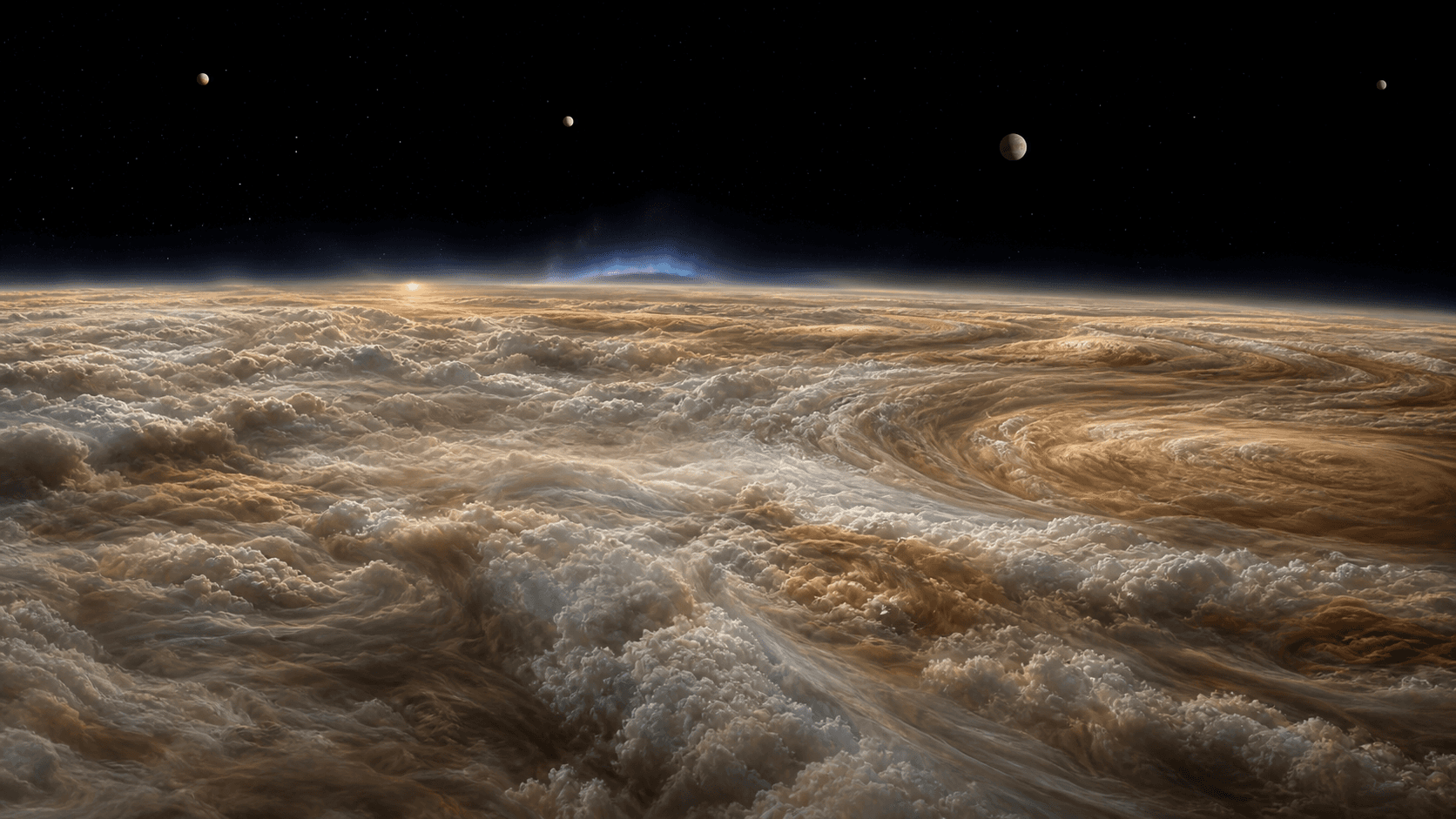 Concept view above Jupiter's turbulent cream and amber cloud deck with moons and an auroral glow overhead