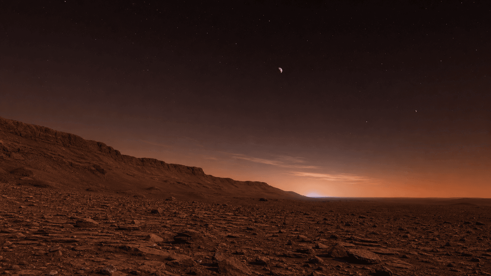 Concept view from Mars showing a rust-red rocky plain, stars, and two small moons after sunset