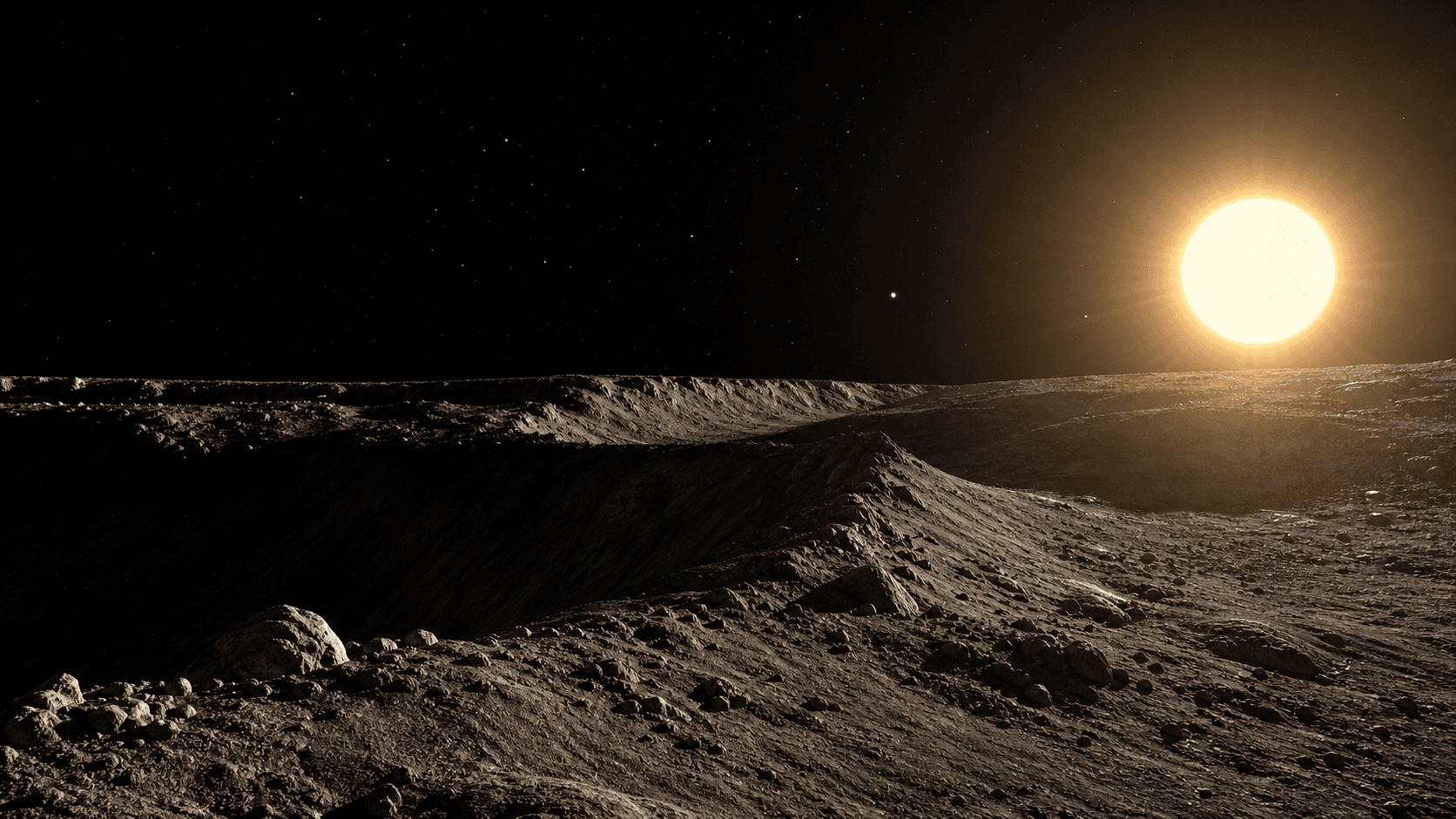 Concept view from Mercury showing cratered grey terrain beneath a black sky and an enormous Sun