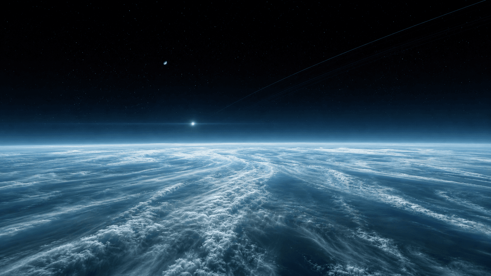 Concept view above Neptune's blue-cyan windswept cloud deck with a tiny Sun, faint rings, and Triton