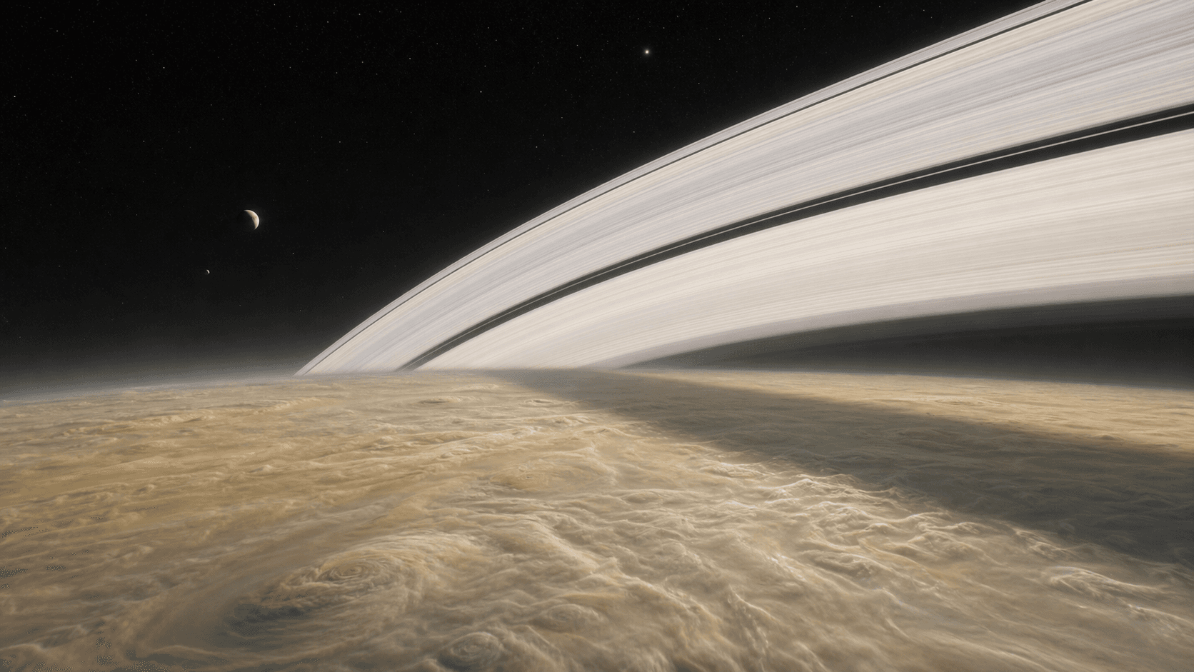 Concept view above Saturn's pale golden cloud deck with its immense rings spanning the sky