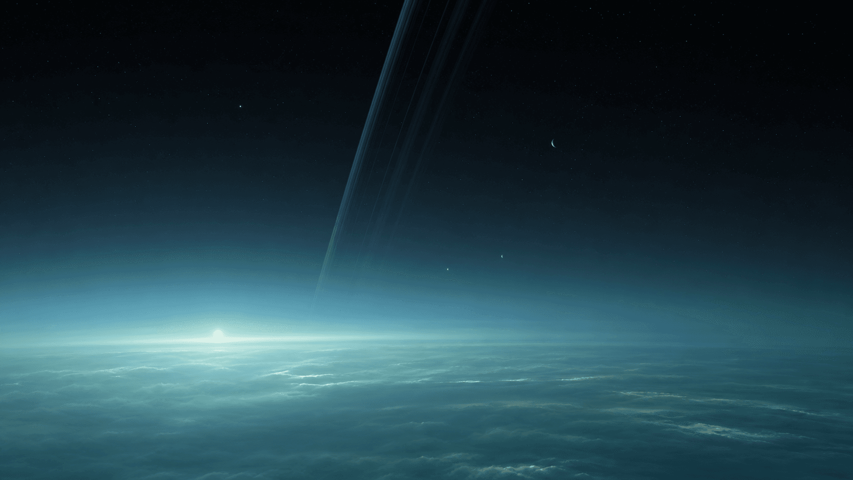 Concept view above Uranus's cyan methane cloud deck beneath a dark sky with faint rings and moons