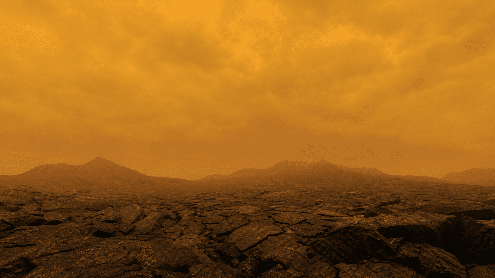 Concept view from Venus showing fractured volcanic ground beneath a dense orange cloud ceiling